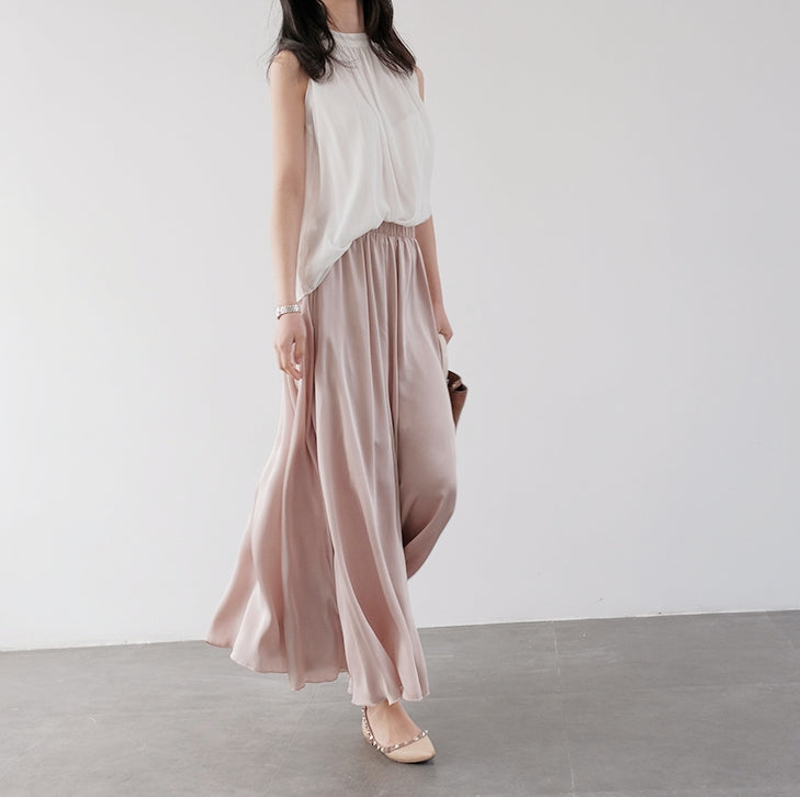 Delicate Pleated Shimmer Wide-Leg Skirt Pants