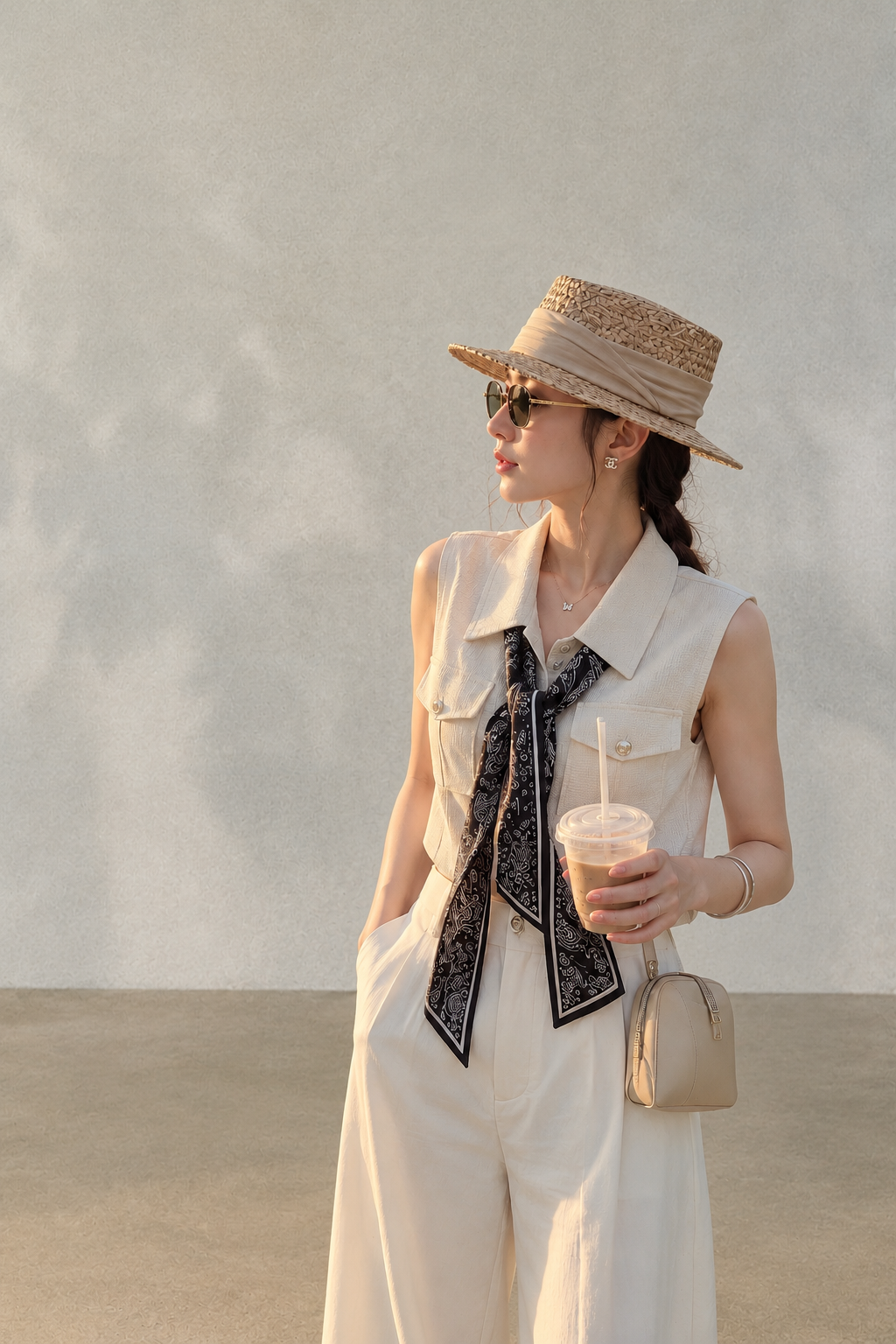 Chic polo-style tweed vest with a matching scarf.