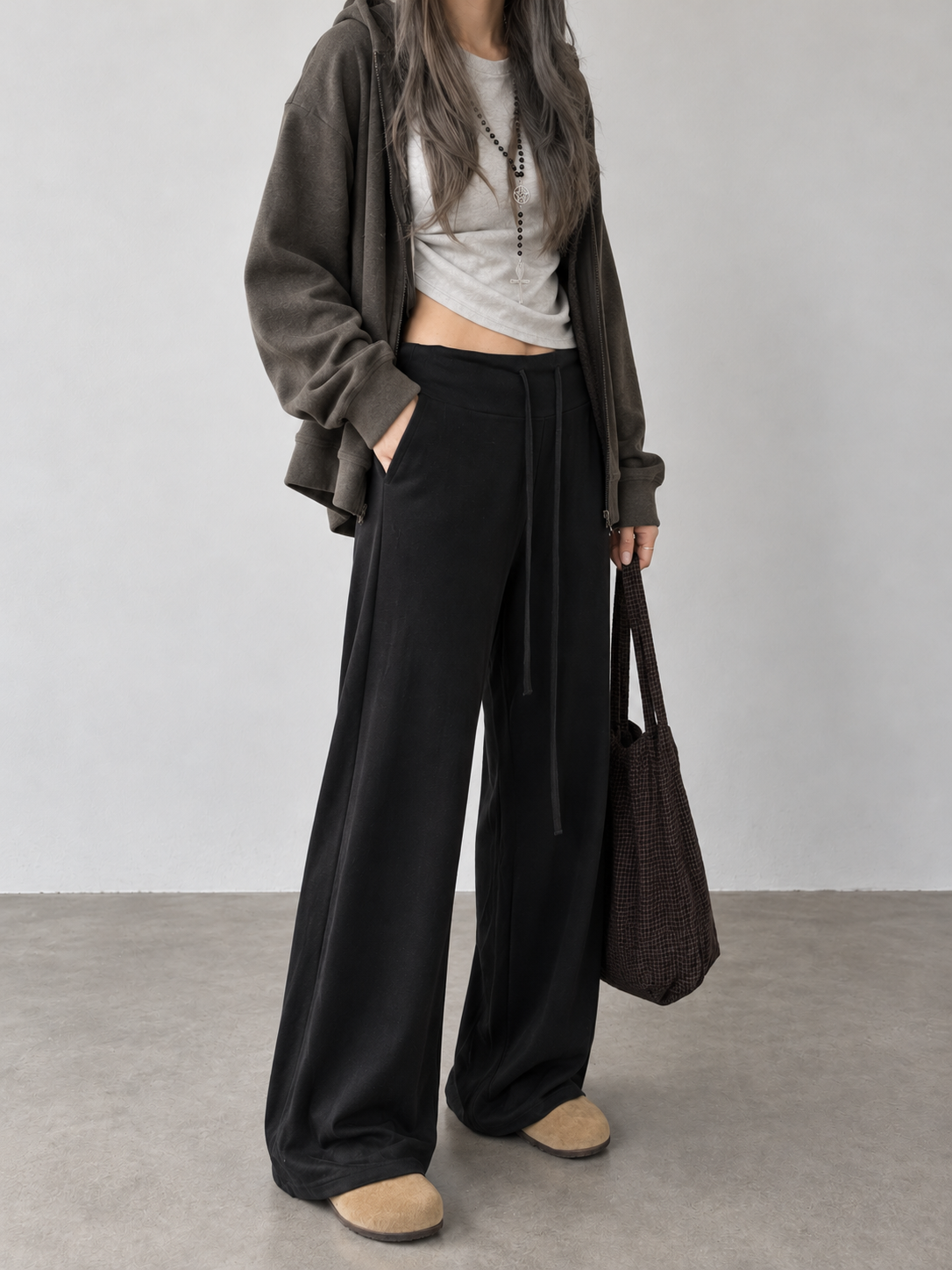 Soft, fluid wide-leg trousers with a comfortable wide waistband.