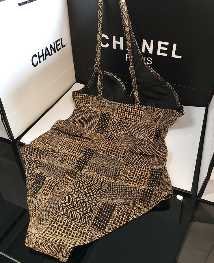 Black &amp;amp; Gold Luxe One-Shoulder Swimsuit