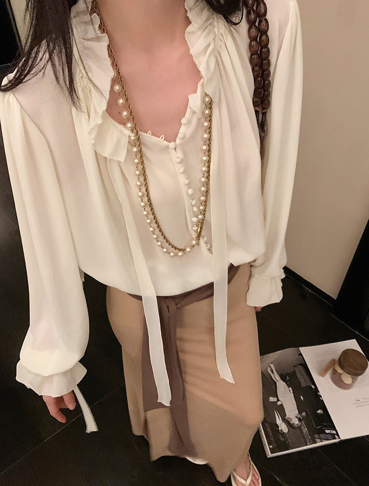 White Moonlight Ribbon Chiffon V-Neck Blouse