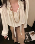 White Moonlight Ribbon Chiffon V-Neck Blouse