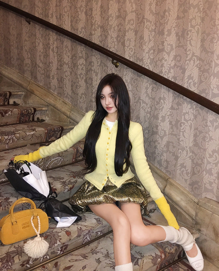 Contrast Wave-Edge Knit Cardigan