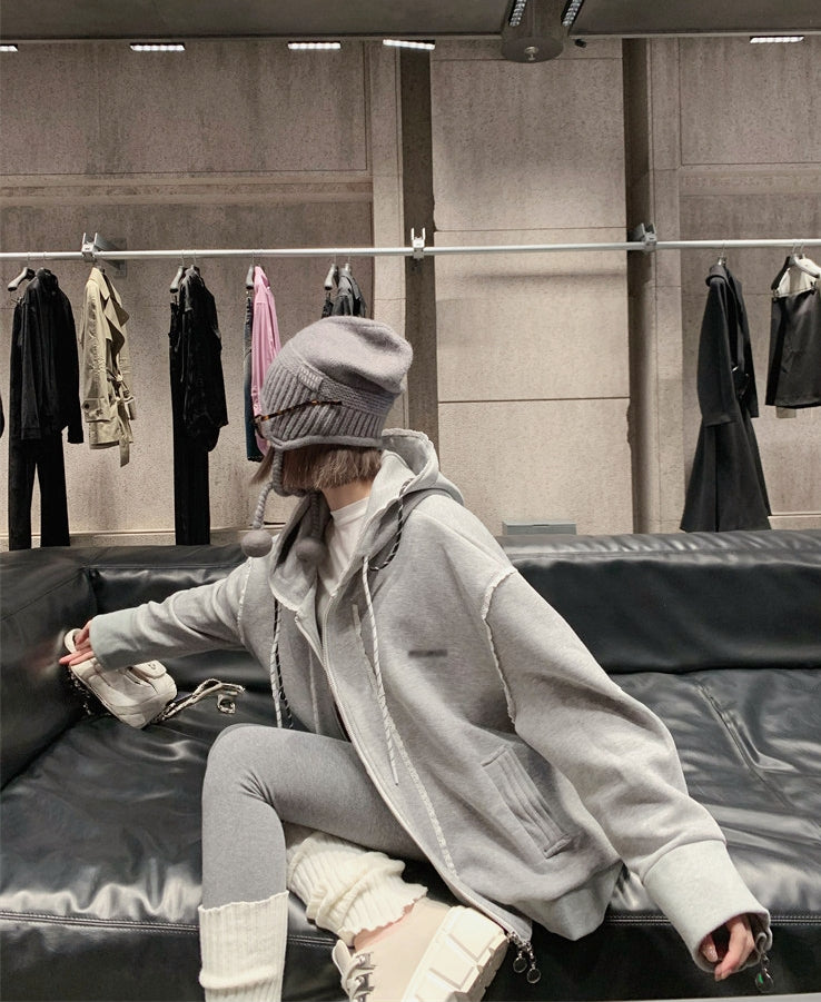 Ruffled Trim Hooded Zip-Up Sweatshirt
