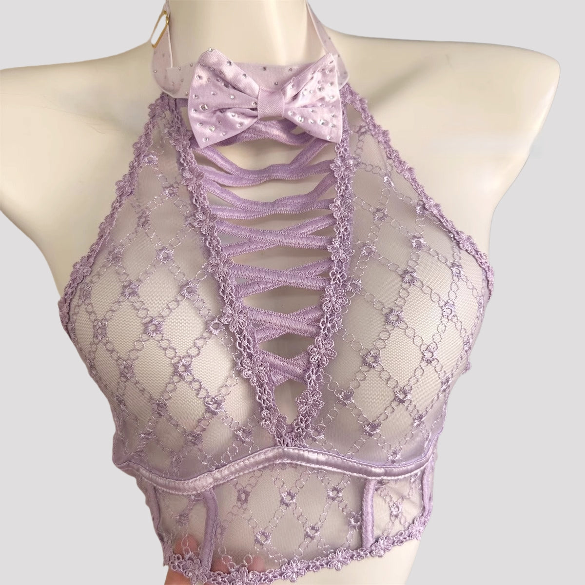 Pure Allure Halter Sheer Lace Lingerie (Panties Not Included)