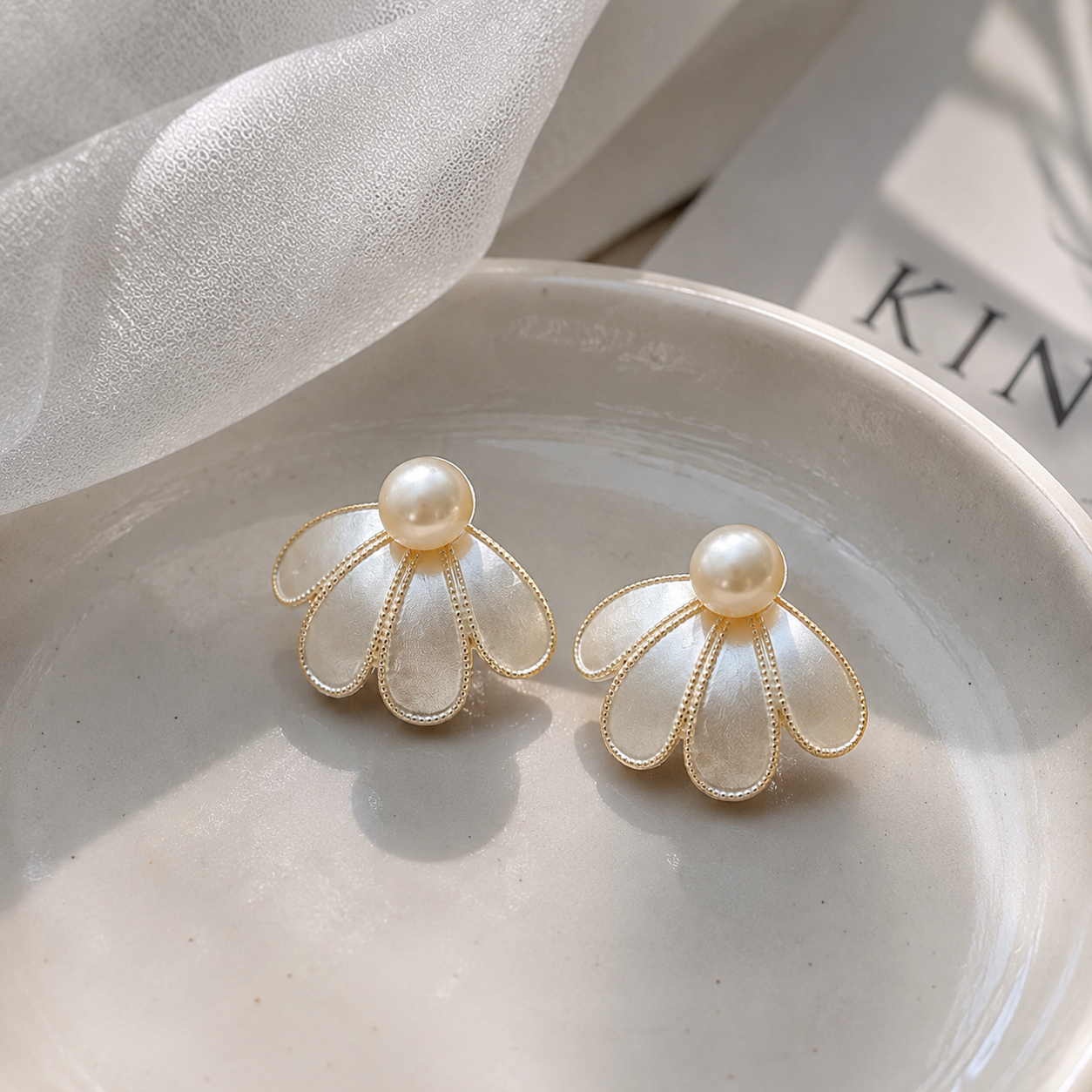 Brushed Petal Pearl Stud Earrings