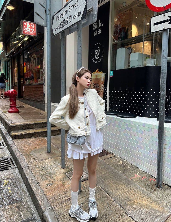 Golden Wool-Blend Tweed Short Jacket with Pearl Detailing