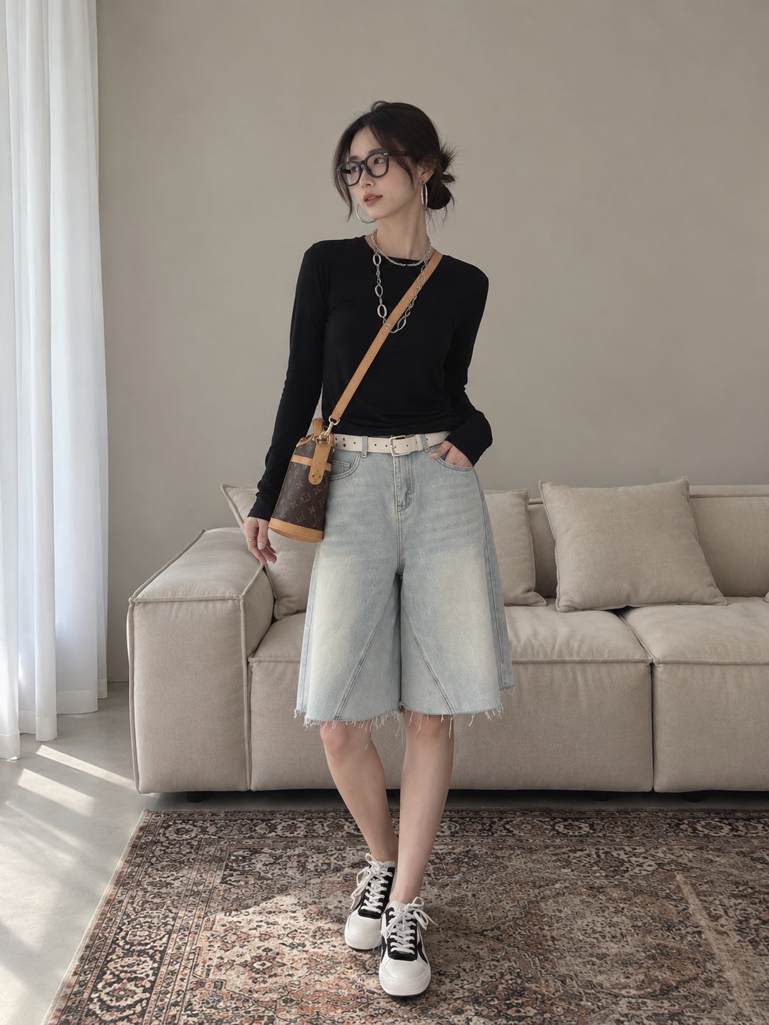 Light-Wash Wide-Leg Denim Bermuda Shorts