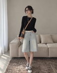 Light-Wash Wide-Leg Denim Bermuda Shorts