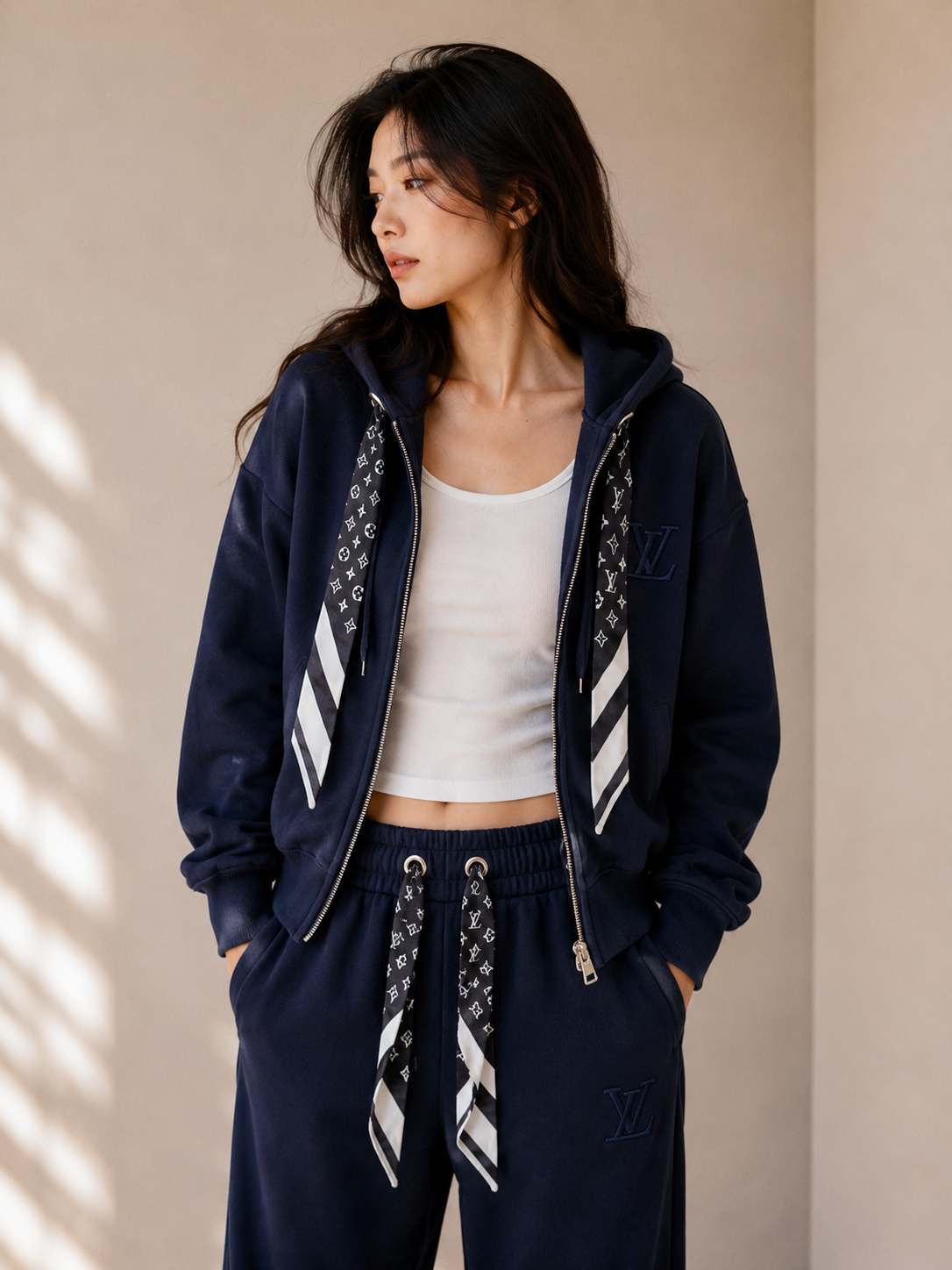 Ribbon Hoodie &amp;amp; Wide-Leg Sweatpants Set