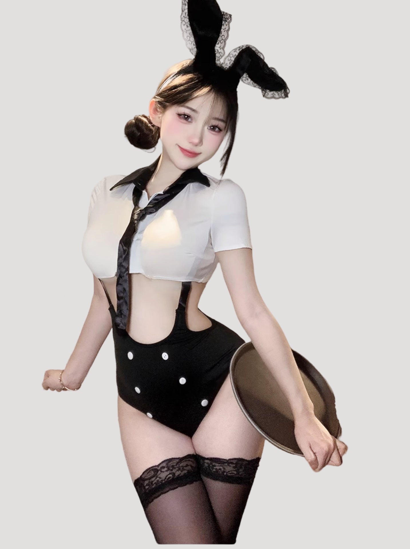 Open-Bust Secretary Style One-Piece Lingerie (with Stockings or Fishnets)