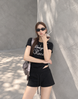 Black Structured Shoulder Beaded Cotton Tee