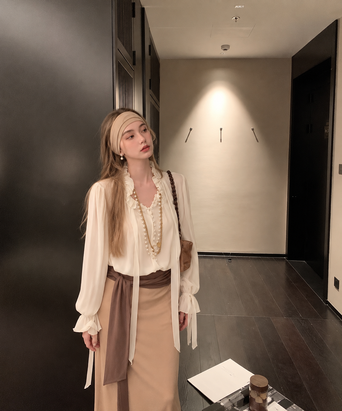 White Moonlight Ribbon Chiffon V-Neck Blouse