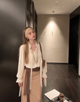White Moonlight Ribbon Chiffon V-Neck Blouse