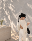 Back-Slit Relaxed Patchwork Batwing Sleeve Knit Top