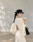 Back-Slit Relaxed Patchwork Batwing Sleeve Knit Top