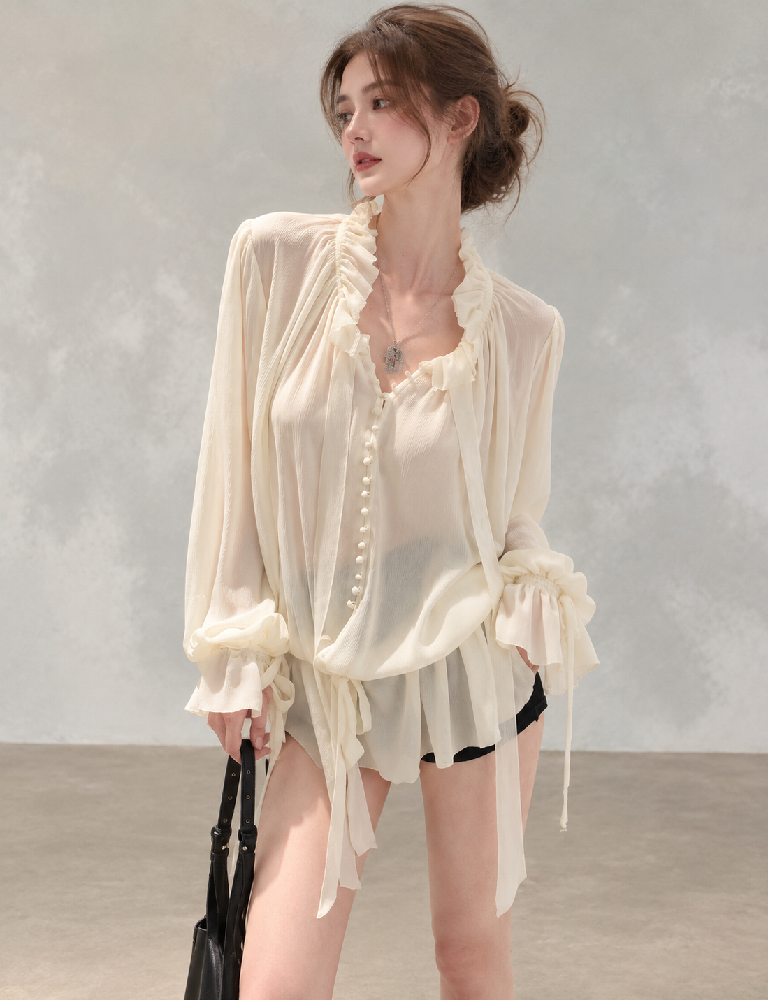 White Moonlight Ribbon Chiffon V-Neck Blouse