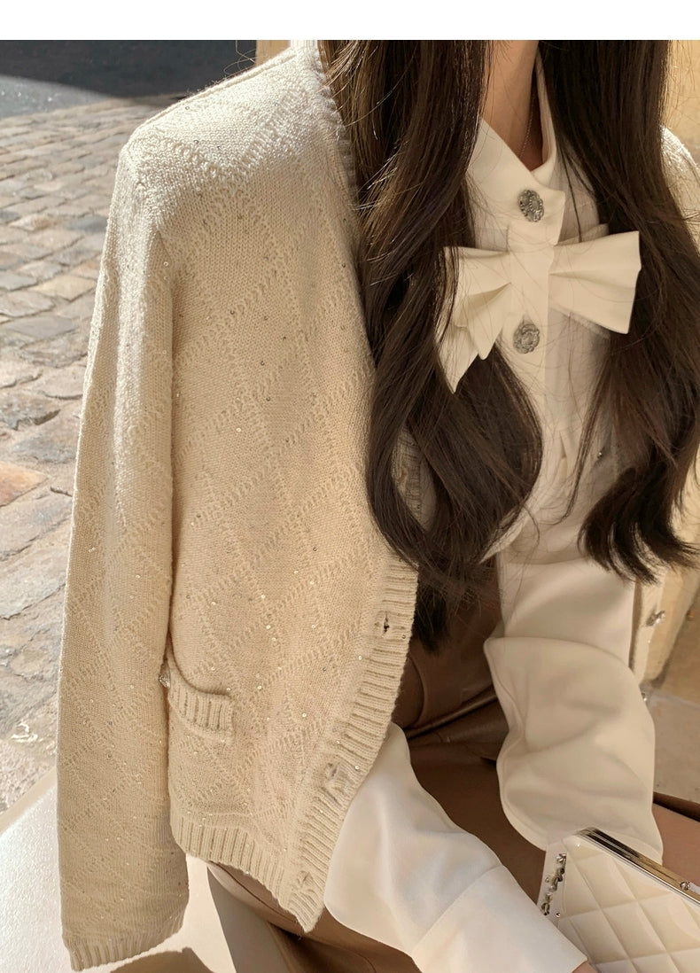 Sequined Argyle Knit Tweed-Style Cardigan (with Brooch)