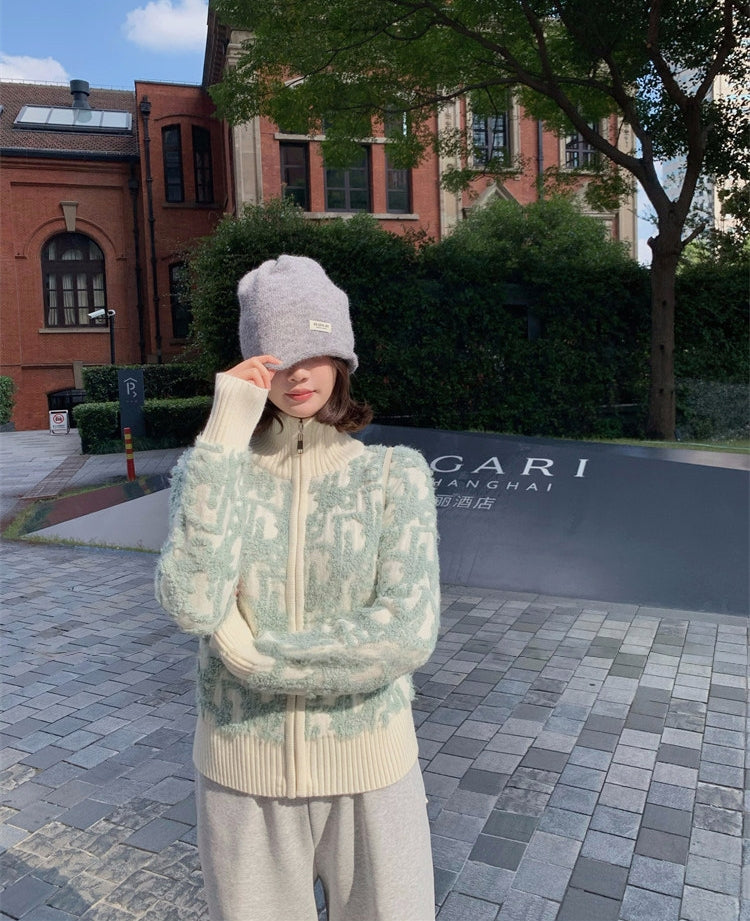 Letter Jacquard Wool Thick Jacket