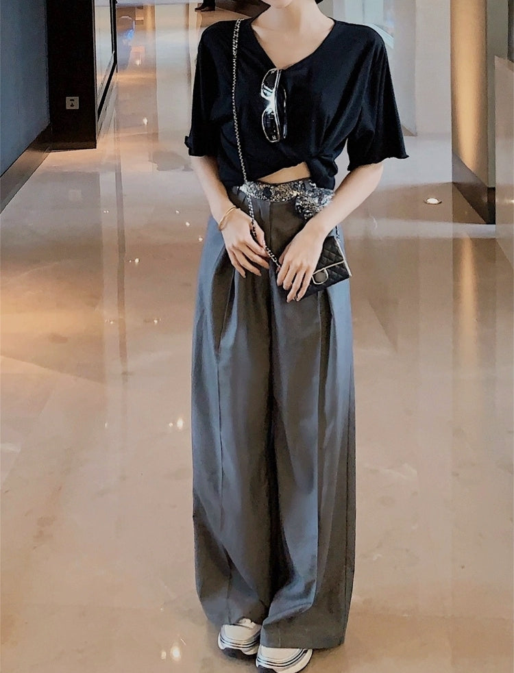 Handcrafted sequin flower tailored pants