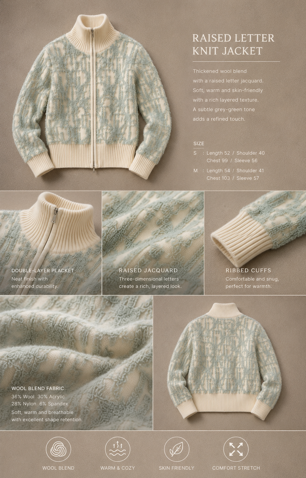 Letter Jacquard Wool Thick Jacket