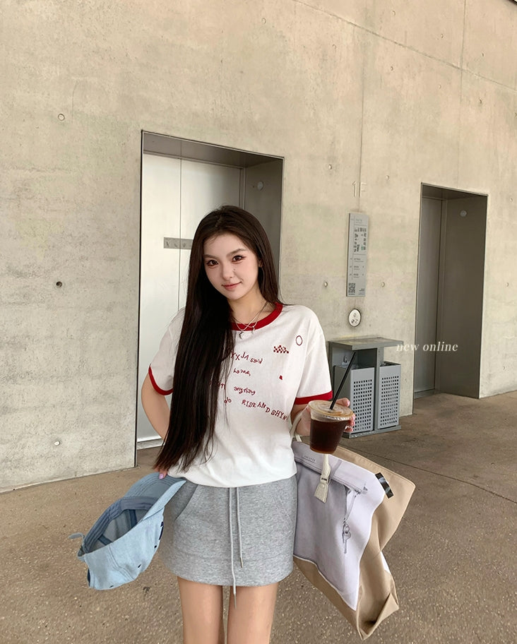 American-style color-block letter embroidered cotton tee