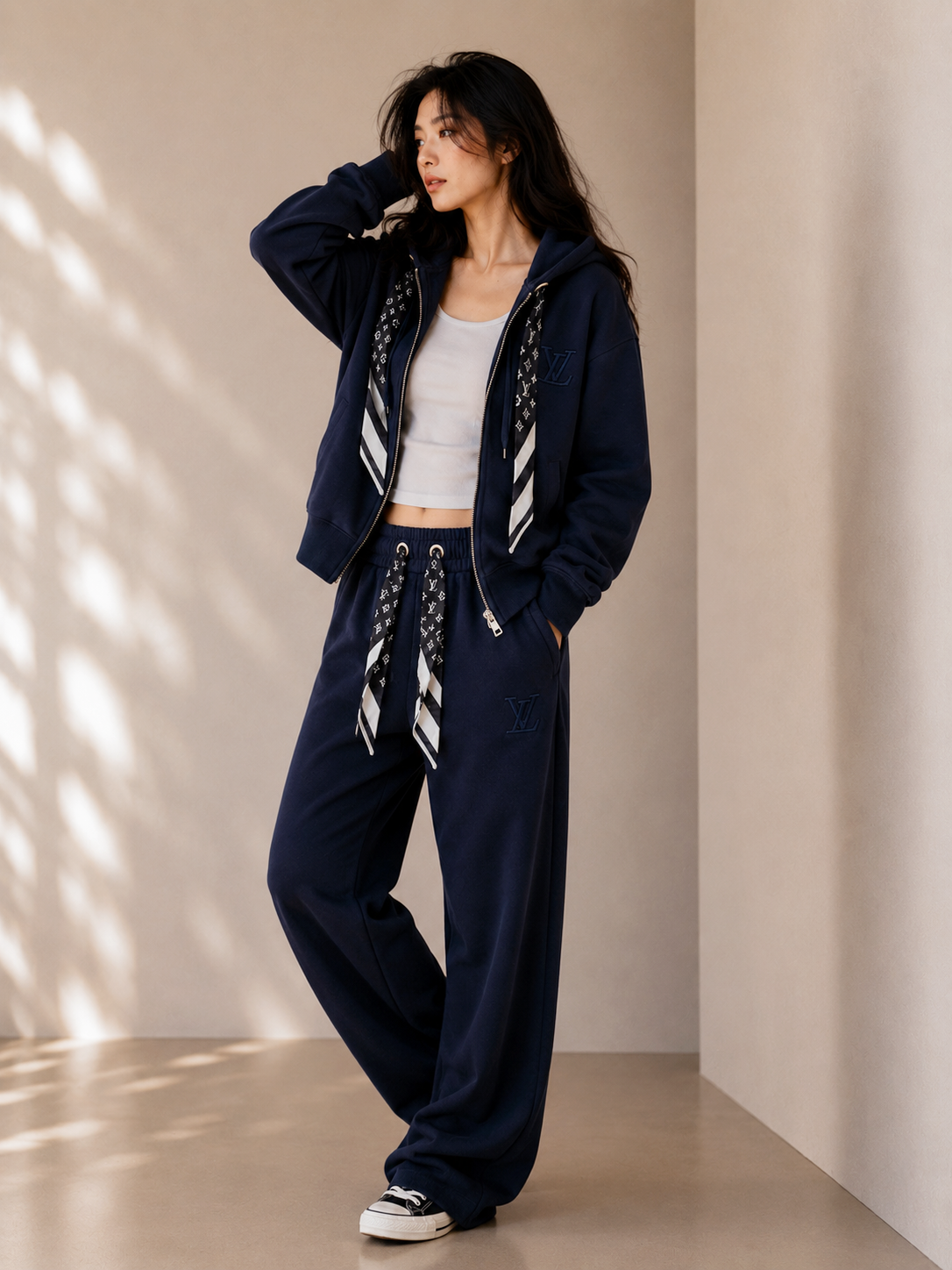 Ribbon Hoodie &amp;amp; Wide-Leg Sweatpants Set