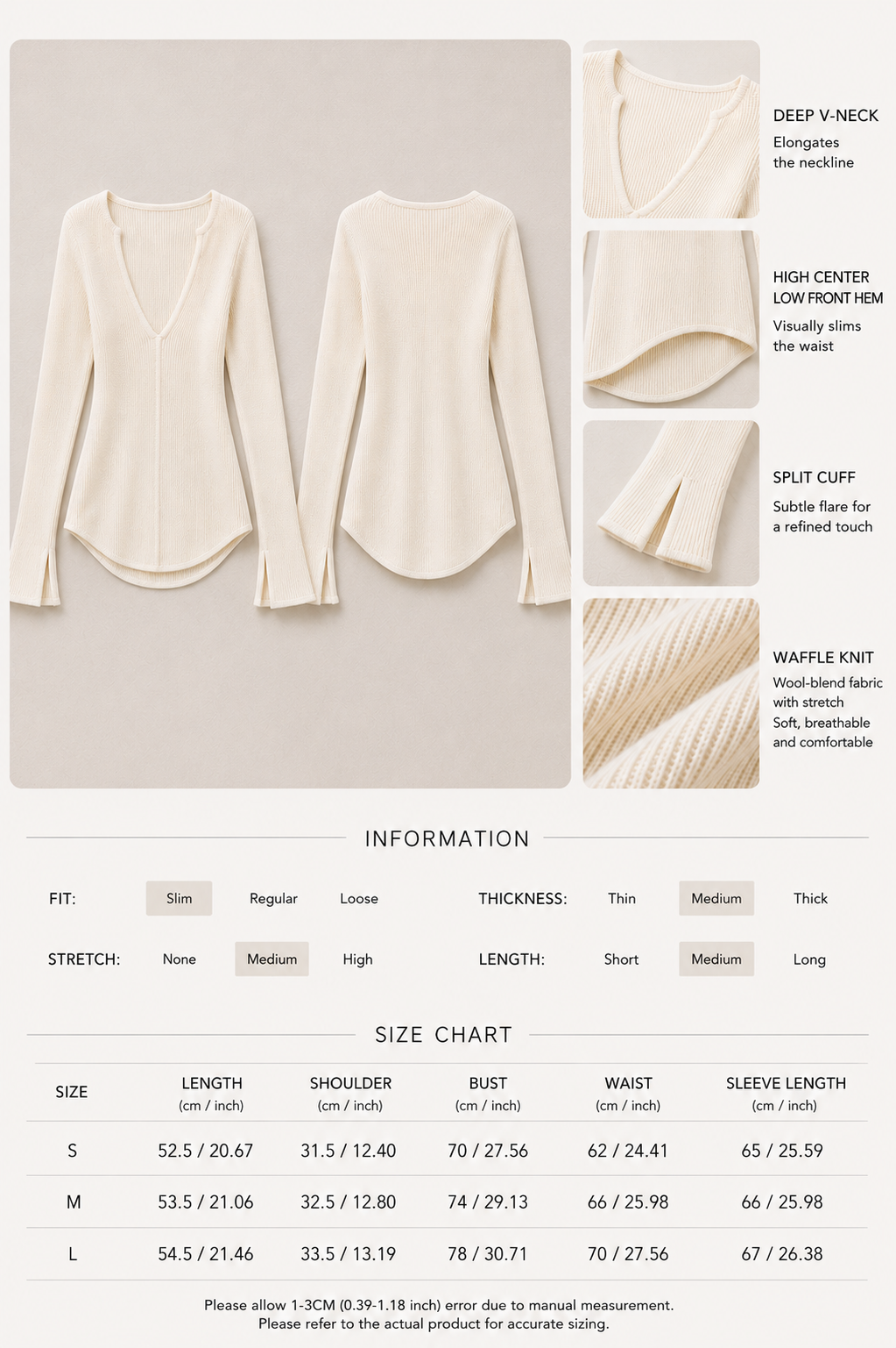 Solid Color Slim Fit V-Neck Knit Top