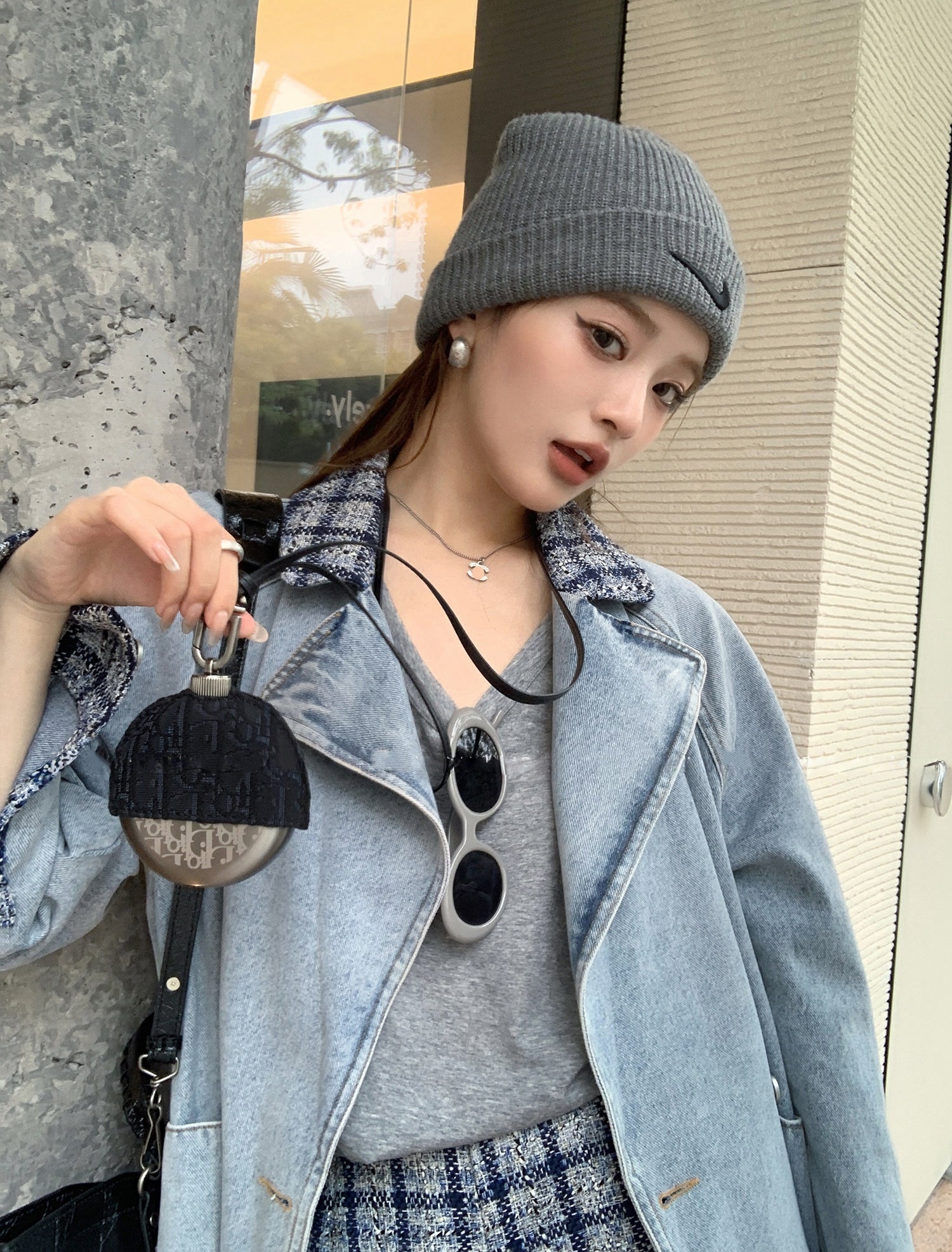 Elegant Tweed Patchwork Washed Denim Trench Coat