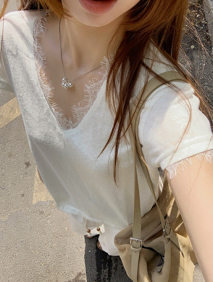 Lace Patchwork V-Neck Short Sleeve Tee