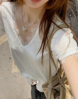 Lace Patchwork V-Neck Short Sleeve Tee
