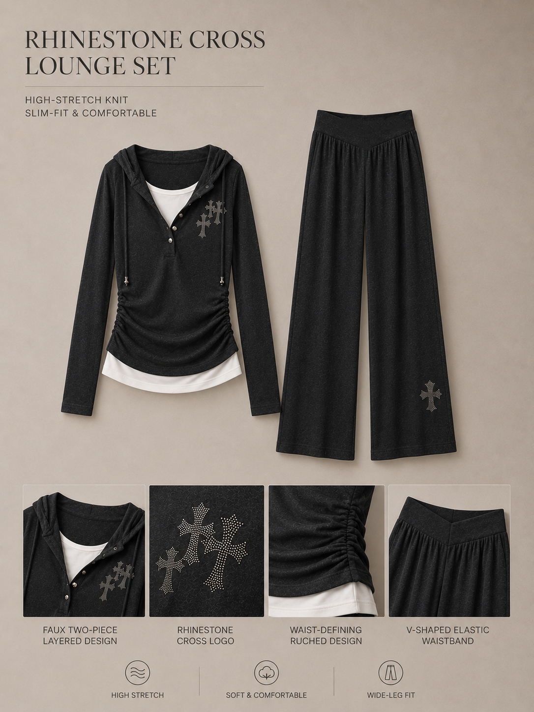 Rhinestone Cross Hoodie Lounge Set