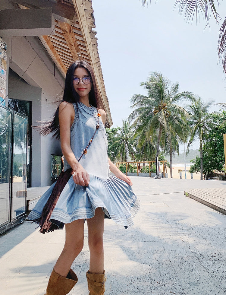 Pleated Denim Vest Dress