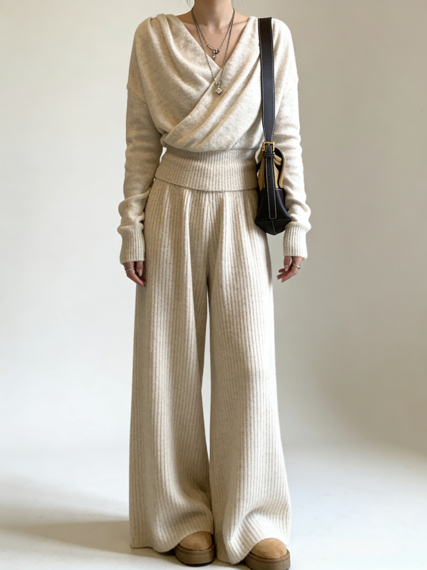 Relaxed V-neck crossover knit set