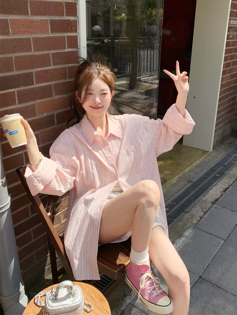 Korean-Style Sweet Pink Striped Shirt