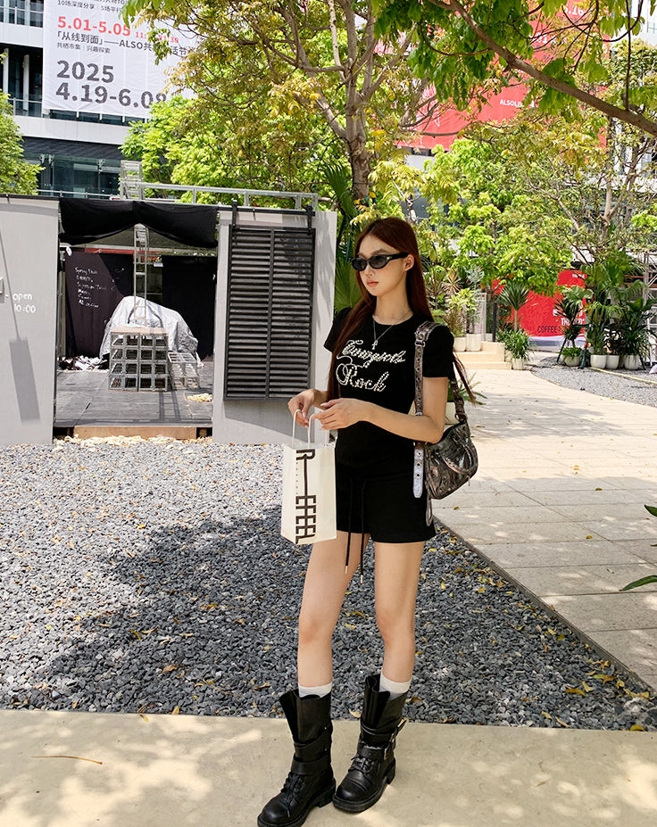 Black Structured Shoulder Beaded Cotton Tee