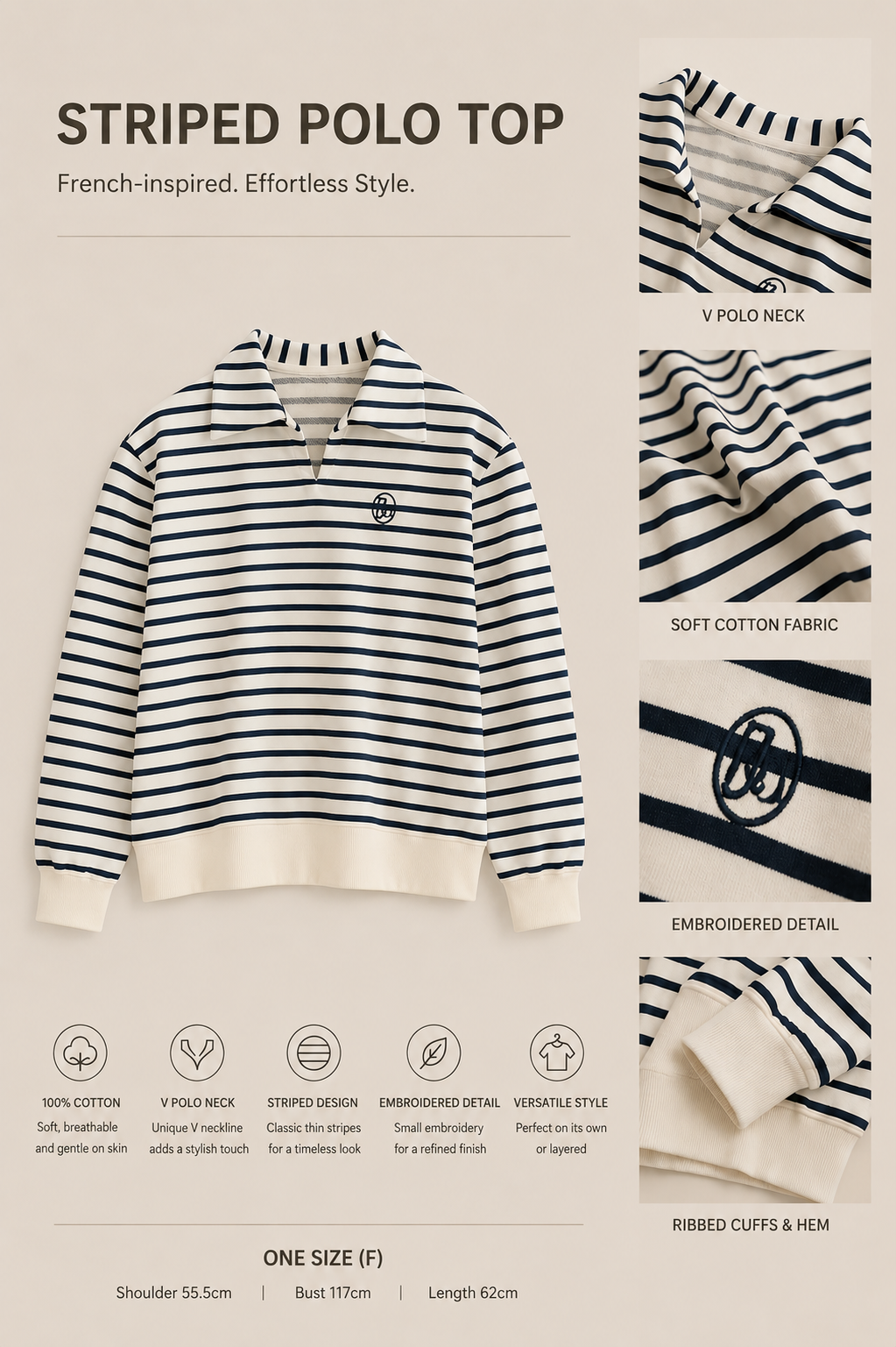Cotton Korean-Style Striped Polo Top