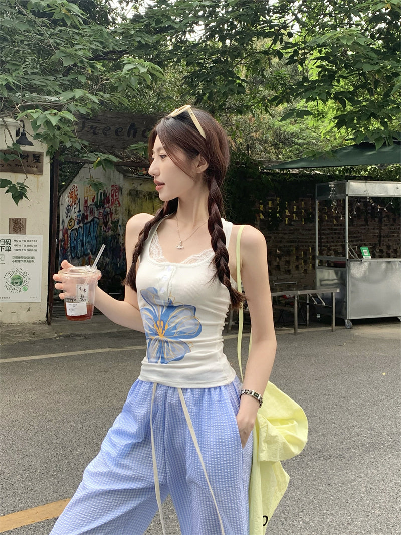 Summer Floral Lace Trim Tank Top