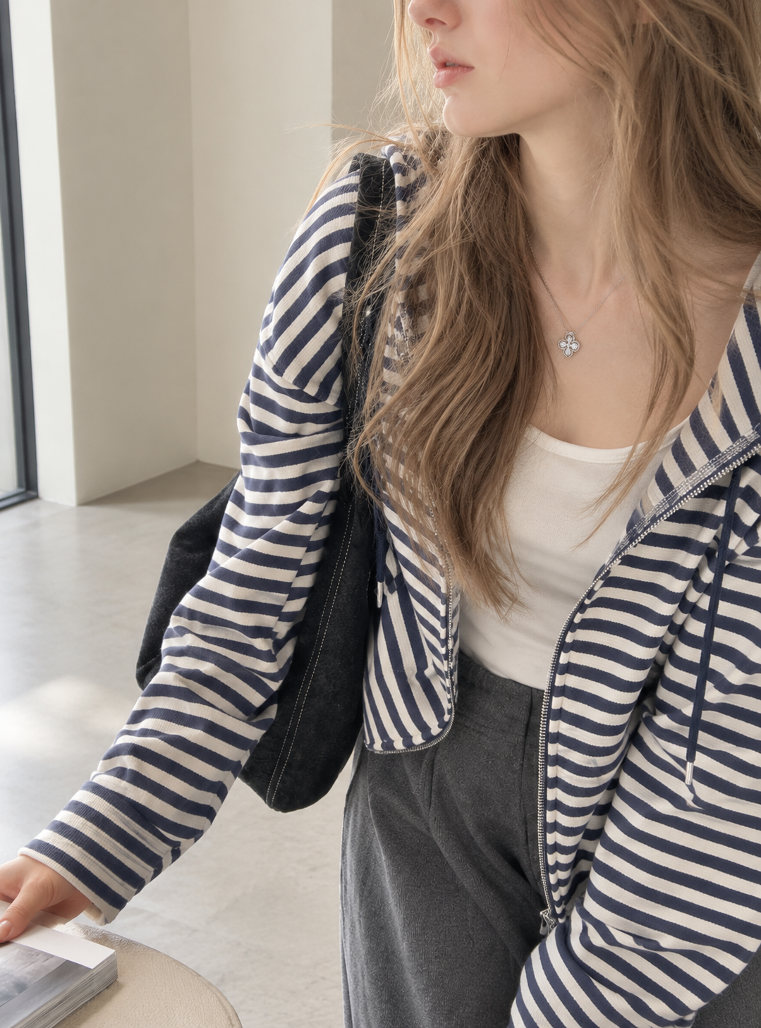Korean-Inspired Blue Striped Hooded Zip-Up