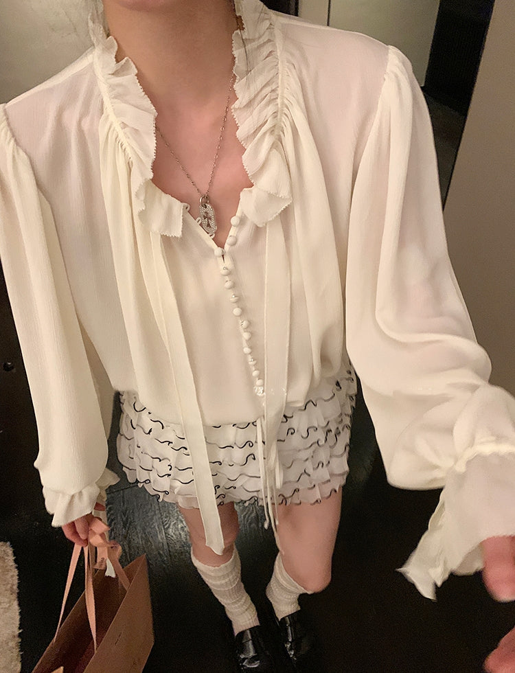 White Moonlight Ribbon Chiffon V-Neck Blouse