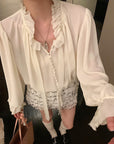 White Moonlight Ribbon Chiffon V-Neck Blouse