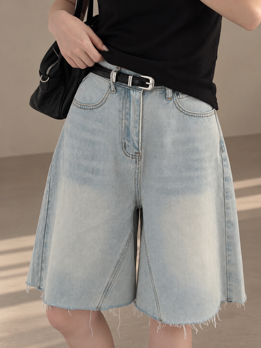 Light-Wash Wide-Leg Denim Bermuda Shorts