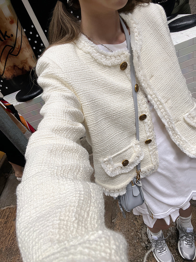 Golden Wool-Blend Tweed Short Jacket with Pearl Detailing