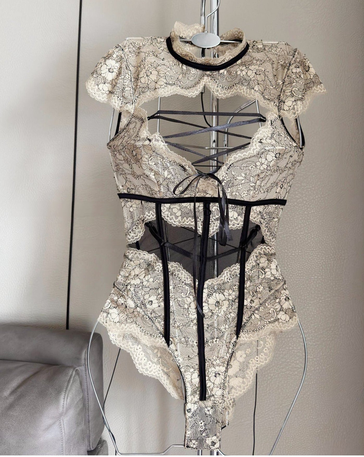 Lace-Trim Sheer Bodysuit