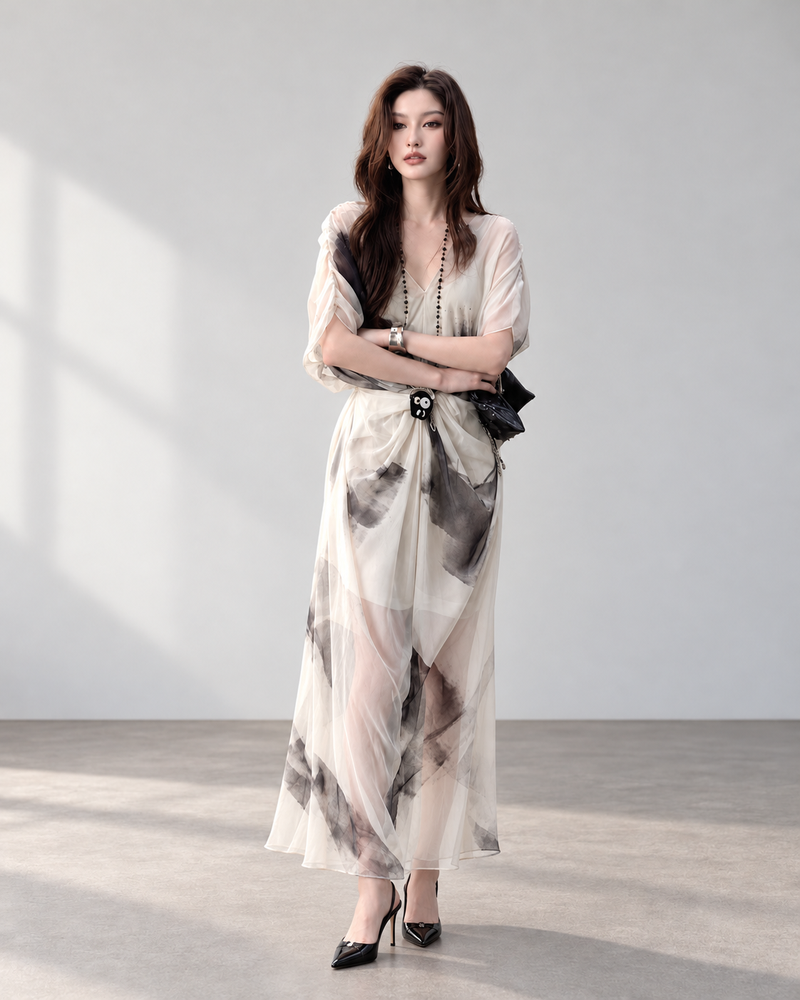 Ink Wash Print Maxi Skirt