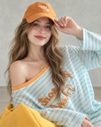 Korean-style blue and white striped off-shoulder sun-protection top