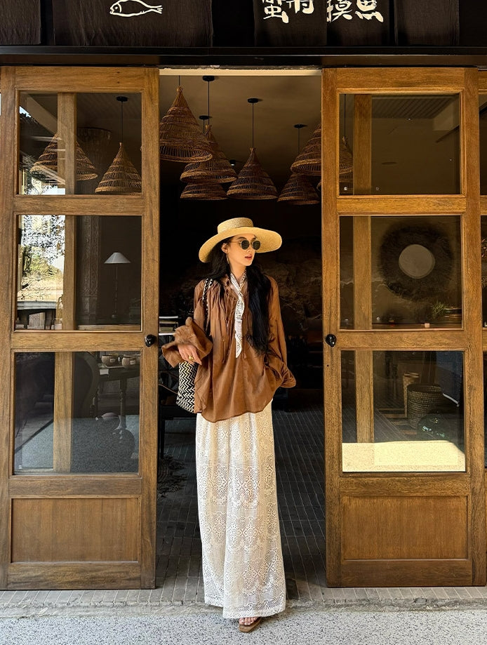 Hollow Lace Wide-Leg Pants