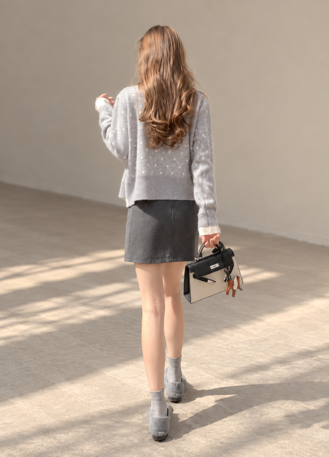 Korean-Style Layered Grey Knit Cardigan
