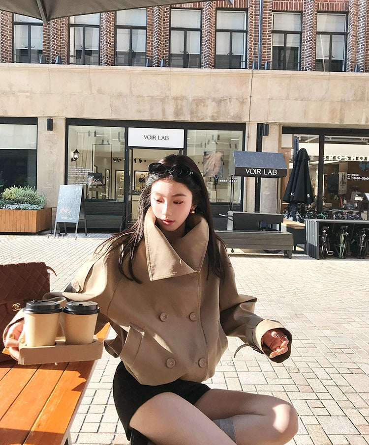 French double-breasted short trench coat with oversized lapel