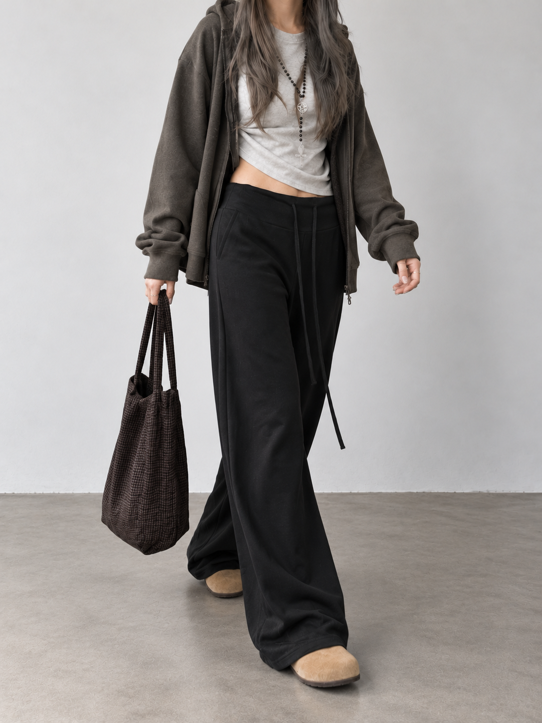 Soft, fluid wide-leg trousers with a comfortable wide waistband.